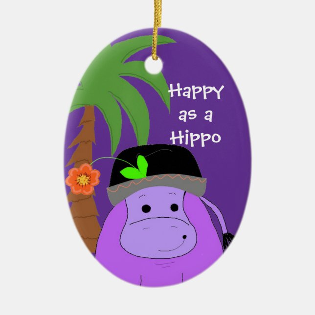 Lila Hippopotamus mit Palmenbaum Keramikornament (Vorne)