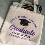 Lila Hochschulabschluss Personalisiert 2023 Abschl Tragetasche<br><div class="desc">Diese moderne,  lila und schwarze Tasche für den Seniorenabsolventen enthält Ihren High School- oder Uni-Namen für die Klasse von 2023. Passen Sie mit Ihrem geschlossen Jahr unter der schicken handgeschriebenen Drehbuch und schwarzen Gradcap für eine große personalisierte Graduierungsparty Gunst Geschenk.</div>