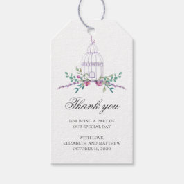 Lila Hochzeit danke. Geburtskäfig und Blume Geschenkanhänger