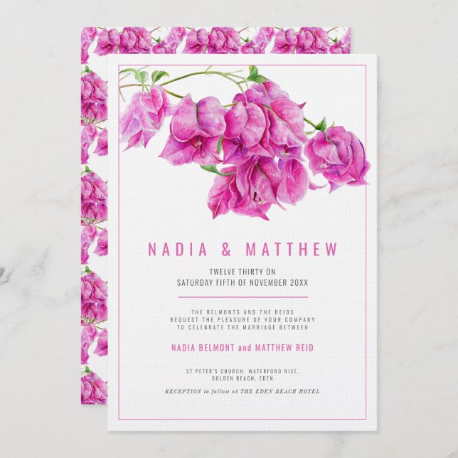 Lila Hochzeit in Bougainvillea Einladung (Vorne/Hinten)