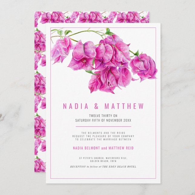Lila Hochzeit in Bougainvillea Einladung (Vorne/Hinten)