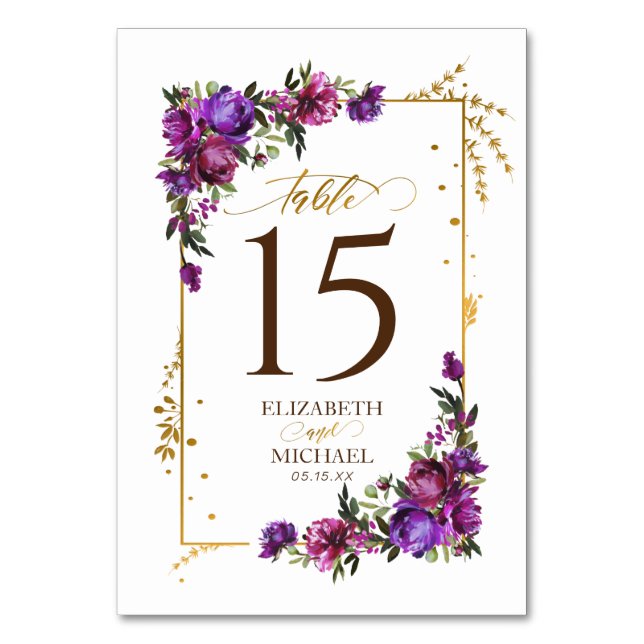 Lila Hochzeit in Hot Pink, Gold Tischnummer (Vorderseite)