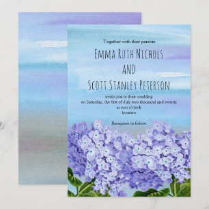Lila Hochzeit mit blauen Hydrangeas Aquarellfarben Einladung