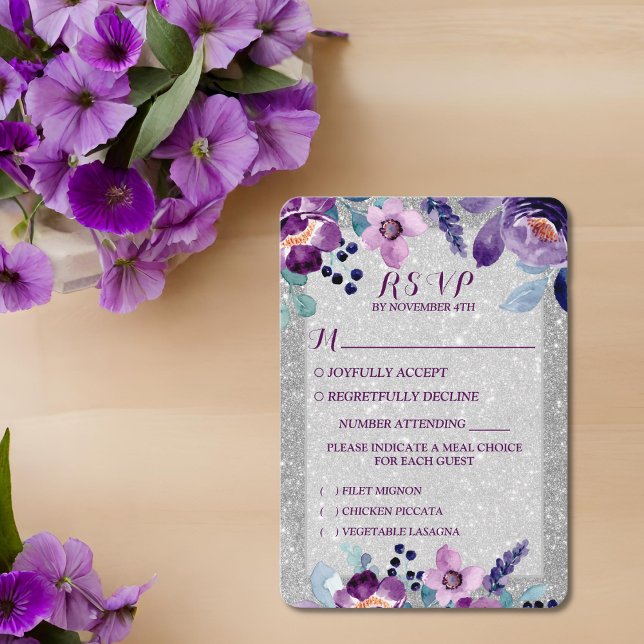 Lila Hochzeit mit Flora und Glitzer RSVP Karte (Von Creator hochgeladen)