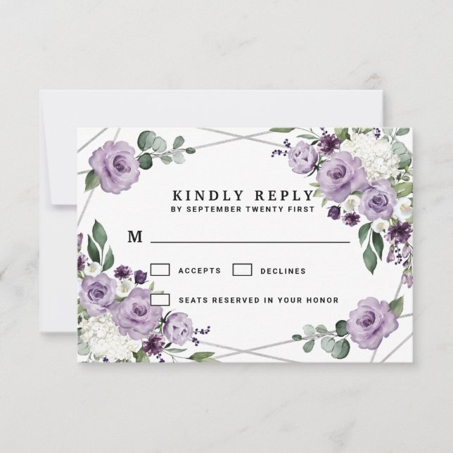 Lila Hochzeit mit Flora und Silbergeometrie RSVP Karte (Vorderseite)