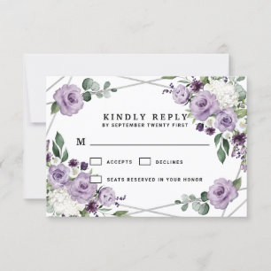 Lila Hochzeit mit Flora und Silbergeometrie RSVP Karte