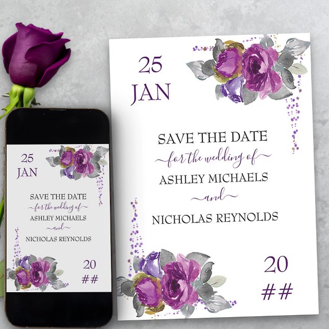 Lila Hochzeit mit Floral und Confetti Save The Date (Purple floral wedding save the date from my Plush Purple Wedding Collection)