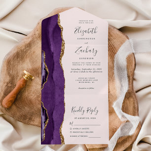 Lila Hochzeit mit Gold Agate Blush Pink All In One Einladung