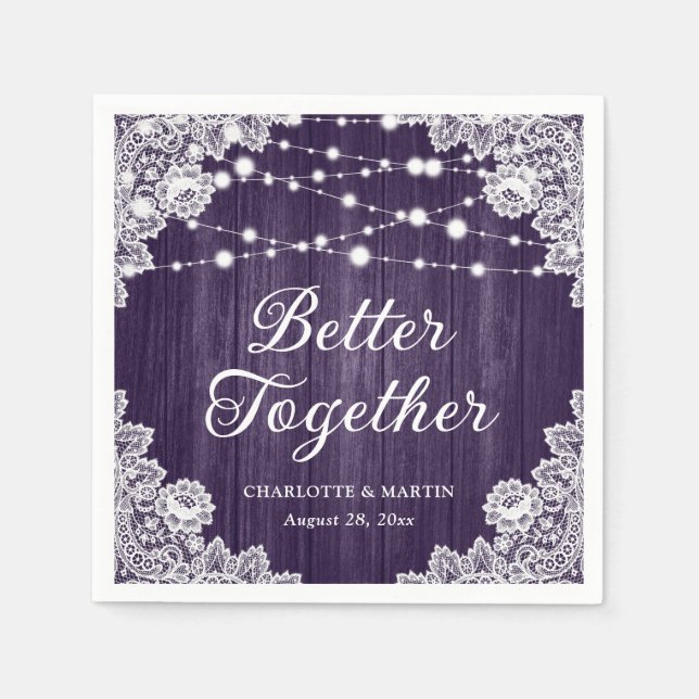 Lila Hochzeit mit rustikalem Holz Serviette (Vorderseite)