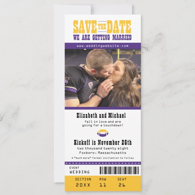 Lila Hochzeit Sichern Sie das Date Football Ticket Save The Date (Vorderseite)