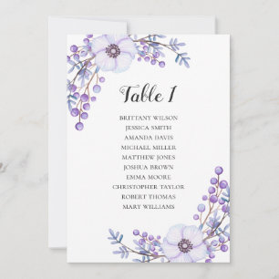 Lila Hochzeit Sitzordnung. Blumen Tischplan Einladung