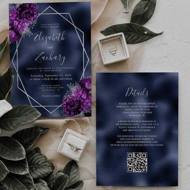 Lila Hochzeit von Silver Floral Navy Foil QR Code Einladung (Von Creator hochgeladen)