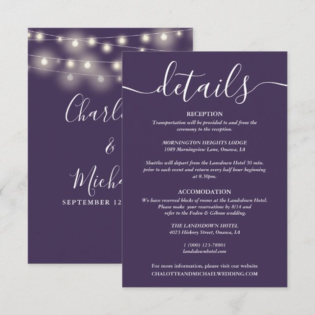 Lila Hochzeitdetails für String Lights Begleitkarte (Vorne/Hinten)