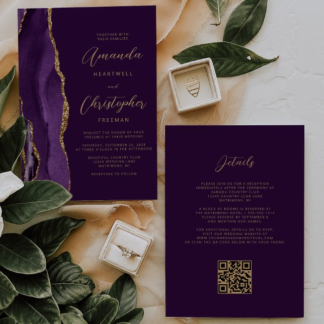 Lila HochzeitGold Agate Pum QR Code Einladung (Von Creator hochgeladen)