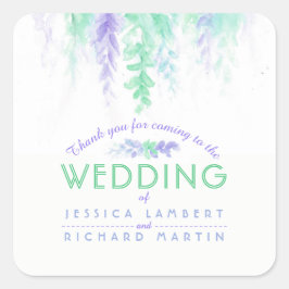 Lila Hochzeitsaufkleber in Aquarellgrün Quadratischer Aufkleber