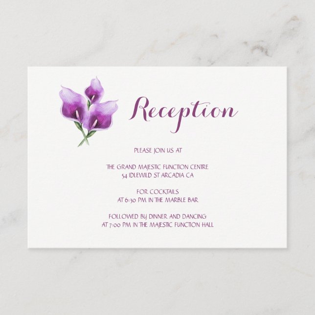 Lila Hochzeitsempfehlung von Calla Lily Floral Begleitkarte (Vorderseite)