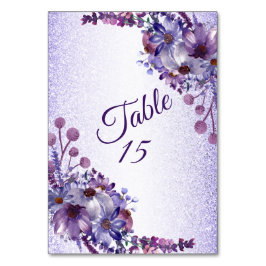 Lila Hochzeitsfeier mit blauer Rosa Glitzer Tischnummer
