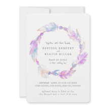 Lila Hochzeitsfeier mit Boho feather watercolor