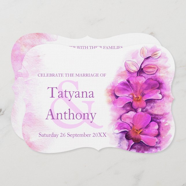 Lila Hochzeitsfeier mit Orchideen Einladung (Vorne/Hinten)