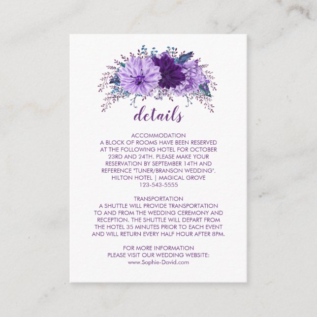 Lila Hochzeitsinformationen von Lavender Floral Pl Begleitkarte (Vorderseite)