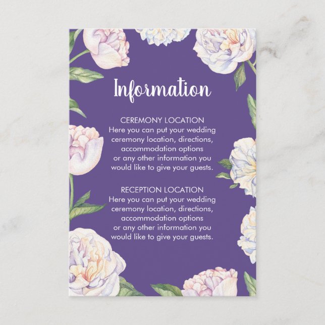 Lila Hochzeitsinformationskarten für Peony Violet Begleitkarte (Vorderseite)