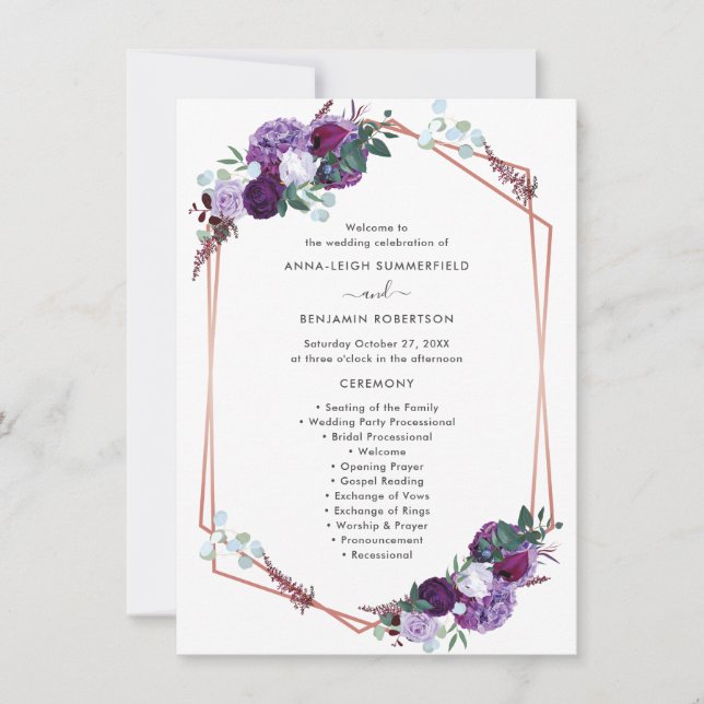 Lila Hochzeitsprogramm für die Blumenwelt (Vorderseite)