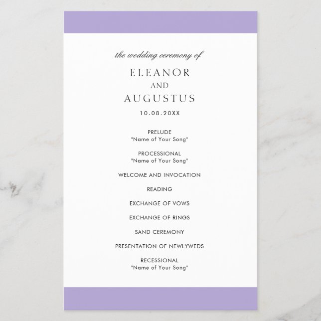 Lila Hochzeitsprogramm für digitale Lavendel (Vorne)