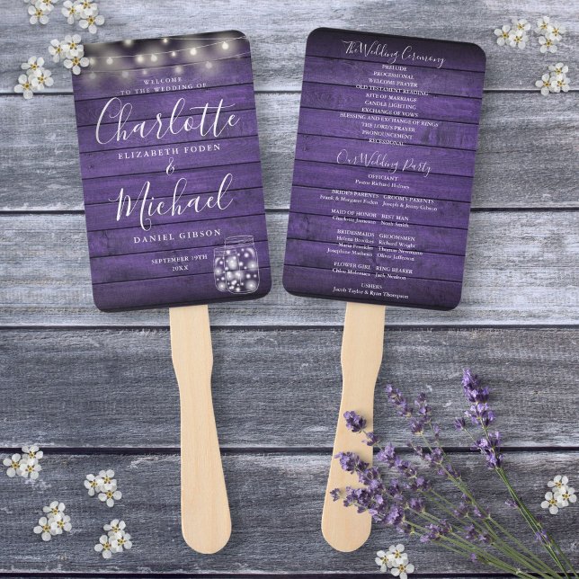 Lila Hochzeitsprogramm für rustikale Holzschnitte Fächer (Purple Rustic Wood String Lights Wedding Program Hand Fan)