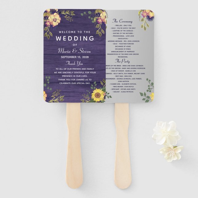 Lila Hochzeitsprogramm-Handfächer mit Blumenmuster Fächer (Vorne und Hinten)