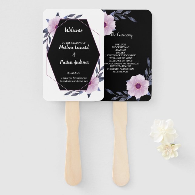 Lila Hochzeitsprogramm in elegantem geometrischem  Fächer (Vorne und Hinten)