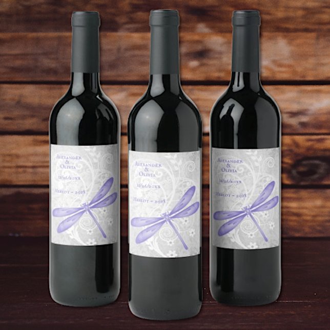 Lila Hochzeitweinetikett Weinetikett (Purple Dragonfly Wedding Wine Label)