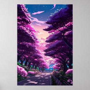 Lila Höhlen von Cherry Blossom Alley bei Sonnenunt Poster