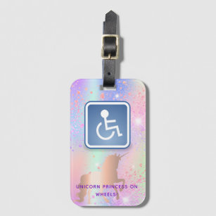 Lila holografische Rollstuhlfrau in Rosa  Gepäckanhänger