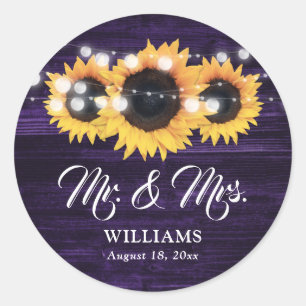 Lila Holz Mr und Mrs Sonnenblume Hochzeit Runder Aufkleber