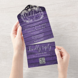 Lila Holzstring Lights QR Code Blumenhochzeit All In One Einladung