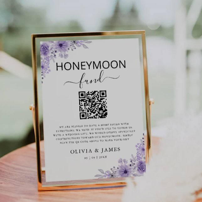 Lila Honeymoon Fund QR Code Sign, Wedding Einladung (Purple Honeymoon Fund QR Code Sign, Wedding Invitation)
