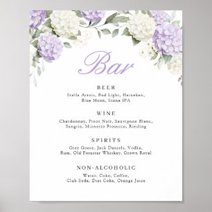 Lila Hortensien-Hochzeitsbar-Schild mit Blumenschm Poster