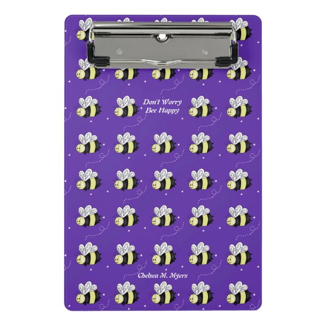 Lila Hummel "Bee Happy" Mini Klemmbrett (Vorderseite)