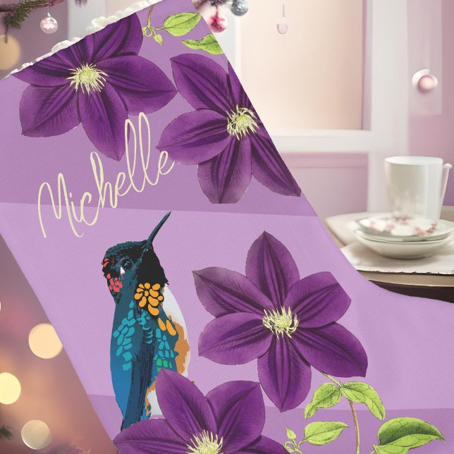 Lila Hummingbird Clematics Blume Hübsch Urlaub Großer Weihnachtsstrumpf (Personalized purple Christmas stocking Hummingbird drawing & Clematis flower aesthetic holiday decor)