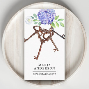 Lila Hydrangea Antike Schlüssel Immobilienmakler Visitenkarte
