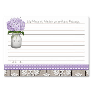Lila Hydrangea-Mason-Glas Worte des Ratschlags Tischnummer