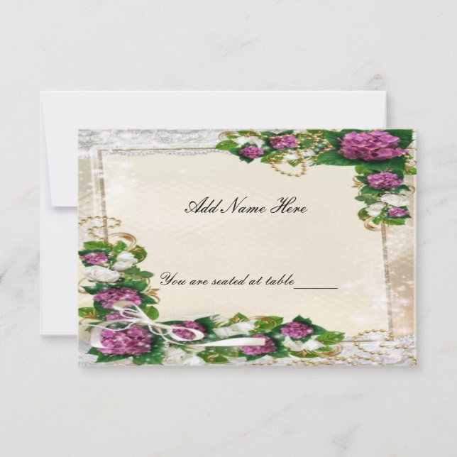 Lila Hydrangee und Spitzentafel-Platzkarte Einladung (Vorderseite)