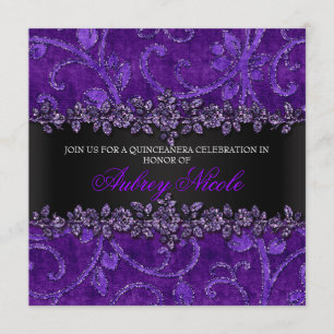Lila Imitat-Glitzer u. Samt BlumenQuinceanera Einladung