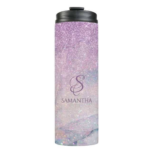 Lila Imitat-Glitzer und marmorn Monogramm 2 Thermosbecher (Vorderseite)