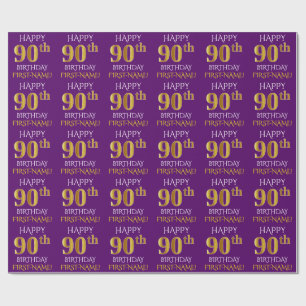Lila, Imitat-Gold "GLÜCKLICHER 90. GEBURTSTAG " Geschenkpapier