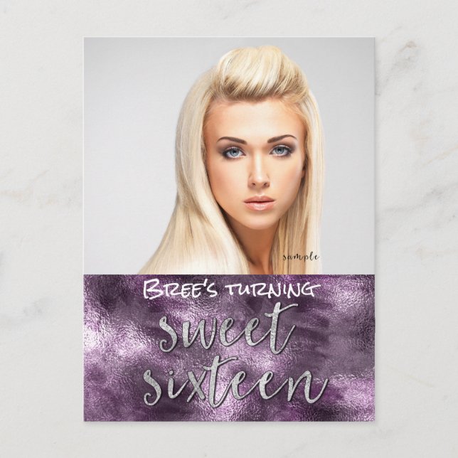 Lila Imitate Foil Glamour Chic Foto Sweet 16 Ankündigungspostkarte (Vorderseite)