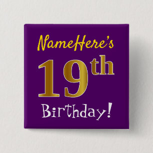 Lila, Imitate Gold 19. Geburtstag, mit Individuell Button