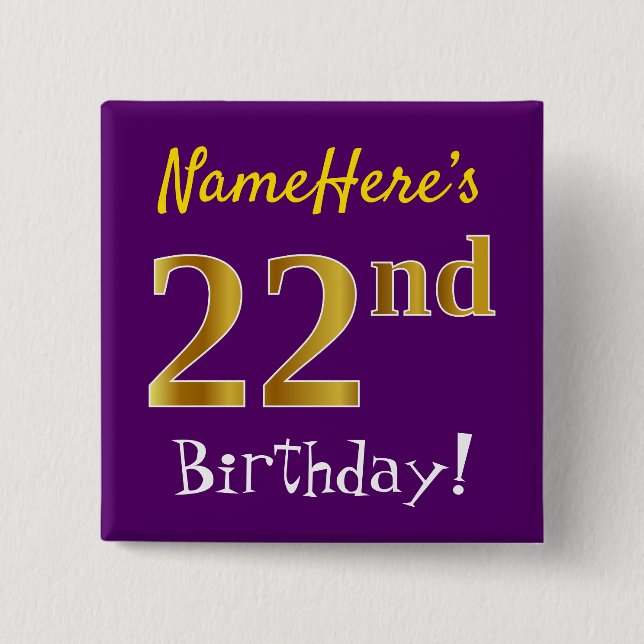 Lila, Imitate Gold 22. Geburtstag, mit Individuell Button (Vorderseite)