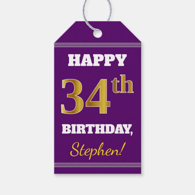 Lila, Imitate Gold 34. Geburtstag + Individuelle N Geschenkanhänger (Vorderseite)
