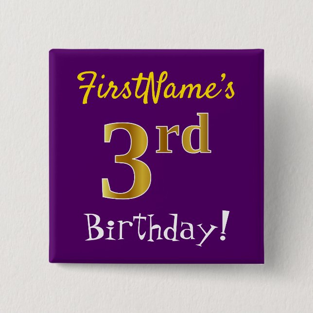 Lila, Imitate Gold 3. Geburtstag, mit Individuelle Button (Vorderseite)